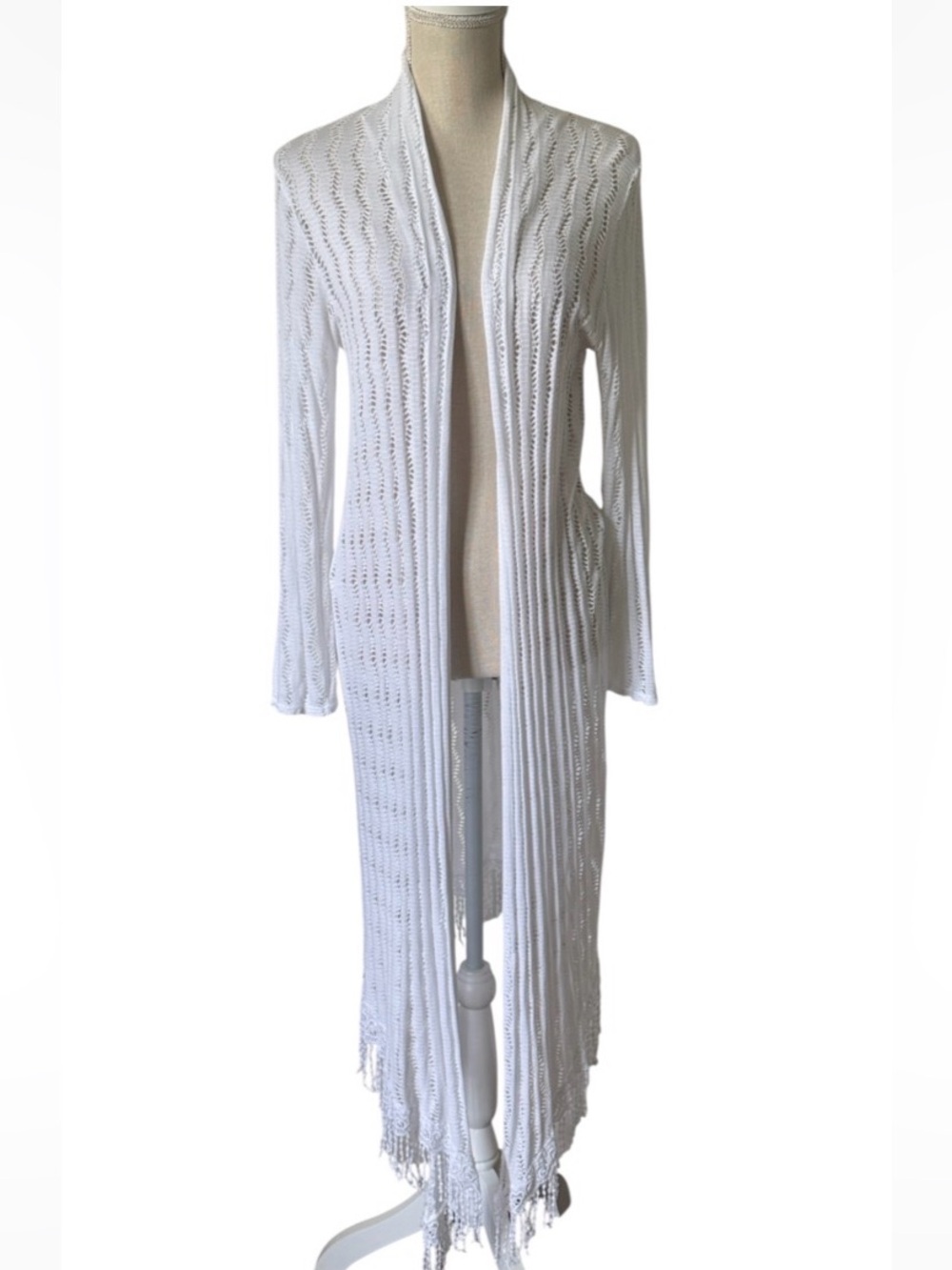 Scandal Italy White Open-Front Long Knit Cardigan Fringe L/S Layering One Size